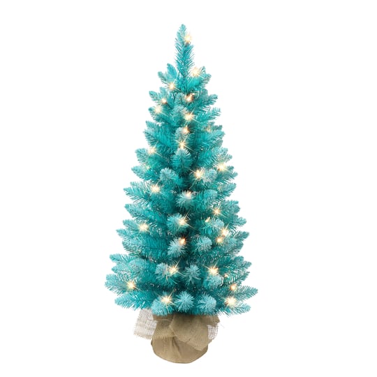 6 Pack: 3ft. Pre-Lit Fashion Teal Artificial Christmas Tree in Burlap Base, Clear Lights